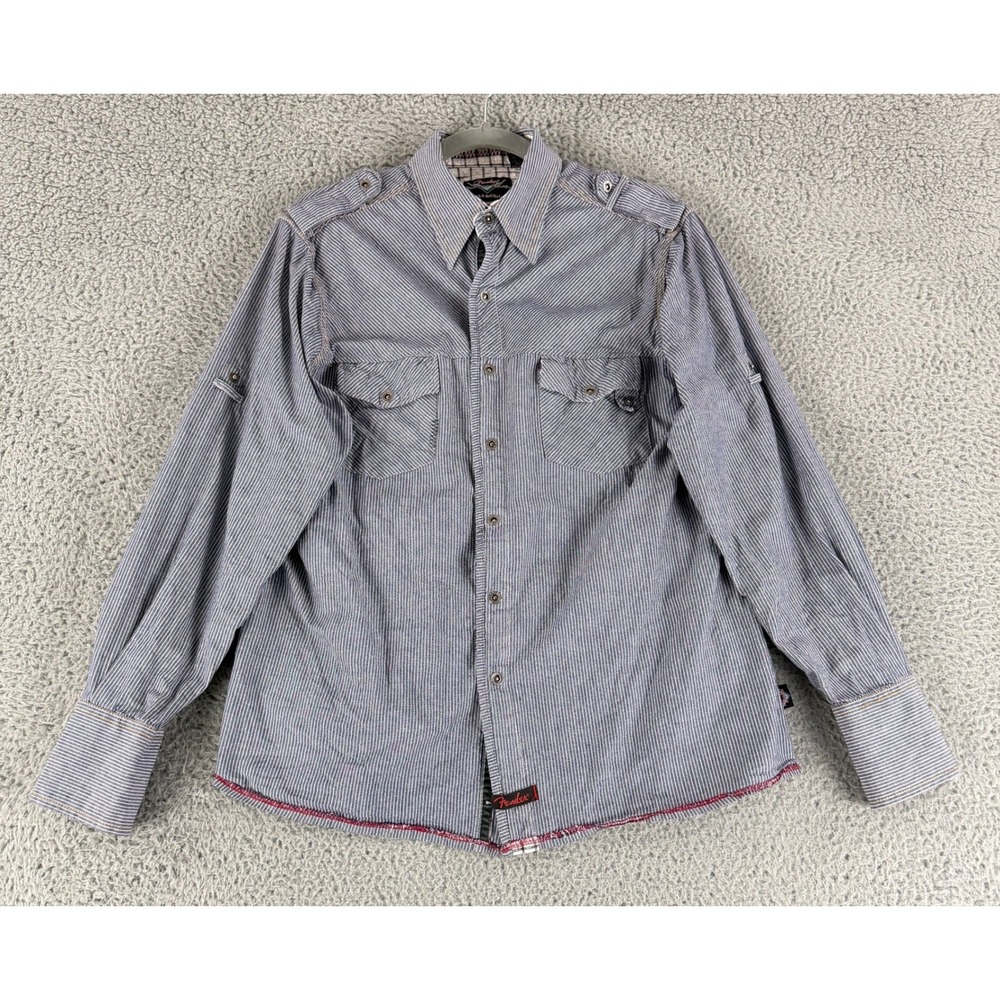 Fender Button Down Shirt Mens L Blue Pinstripe Custom Shop Rock & Roll Religion